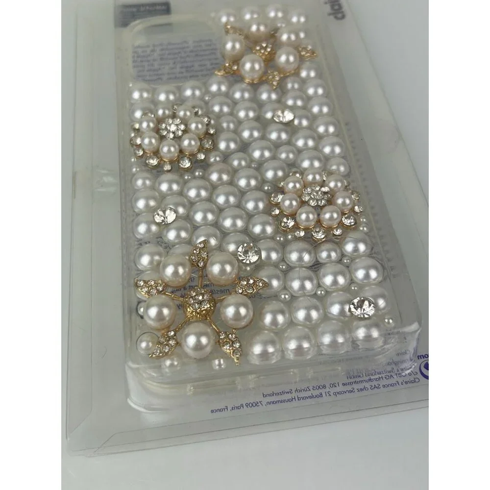 Claire's Iphone 12 ProMax Protective Phone Case White Pearl Rhinestone Floral